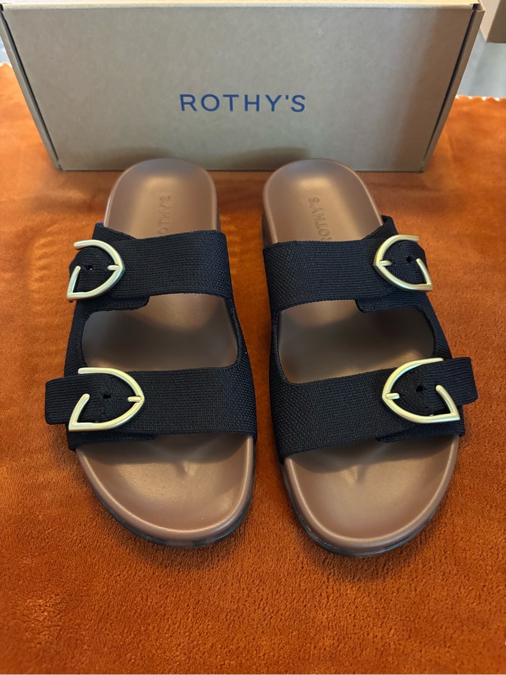 Rothy's Black Dual-Strap Slides with Gold Buckles